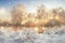 Amazing winter scene on bright morning sunrise with vibrant sunrays through frosty and snowy trees