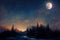 Amazing winter scenery. Landscape with magical winter night with full moon and stars.