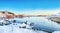 Amazing winter scenery of Moskenes village with ferryport and famous Moskenes parish Churc