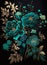 Amazing wonderful flowers, turquoise blue and turquoise green and gold japan ink and black background
