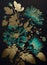 Amazing wonderful flowers, turquoise blue and turquoise green and gold japan ink and black background