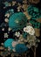 Amazing wonderful flowers, turquoise blue, turquoise green, white and gold japan ink and black background