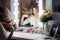 Amazing young woman doing her makeup in front of mirror. Portrait of beautiful girl near cosmetic table