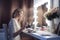 Amazing young woman doing her makeup in front of mirror. Portrait of beautiful girl near cosmetic table