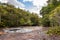 The Amazon River flowing passed the rainforest & jungle of Presidente Figueiredo in Brazil, South America