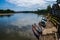 Amazon river with small colorful boats, transportation in the river