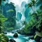 amazon tropical jungle landscape with rocks overgrown with riverbank plants and fictional landscape created with