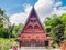 Ambarita, Indonesia - February 21, 2019: Batak traditional house facade traditional village front view at lake Toba, famous travel