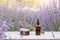 Amber essential lavender oil bottle. Violet lavendar field in Provence.