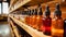 Amber glass bottles on wooden shelves in a boutique.