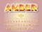 Amber glossy font. Cartoon paper cut out alphabet. Festive bright letters and numbers. Vector