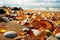 Amber on sand on the beach in sunshine