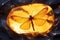 Amber with trapped insect. Animal preserved in piece of amber. Macro photography of gemstone. Fossilized tree resin