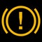 Amber vector graphic on a black background of a dashboard warning light for problem with the car\\\'s brakes