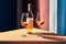 An amber wine bottle and glasses grace a table. With the sun\\\'s caustic light, the scene embodies modern elegance