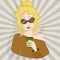An ambitious girl with glasses drinks coffee. Pop art portrait of a stylish woman with a paper cup. A lady in an brown