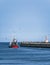 Amble harbour, Northumberland, Uk with pier and small fishing boat