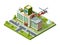 Ambulance building. Emergency transport helicopter on hospital roof helipad vector healthcare isometric