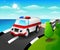 Ambulance car cartoon in the seaside road