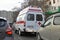 The ambulance car gets stuck in a traffic jam. Tyumen, Russia