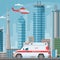 Ambulance car and helicopter medical emergency transport service in city, cityscape with skyscrappers vector
