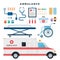 Ambulance Car. Medicine devices for emergency help. Hospital rescue service. Vector icons in flat style.