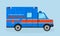 Ambulance car side view. Emergency medical service vehicle in blue and orange colors. Hospital transport.
