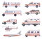 Ambulance cars. Health rescue service vehicle van helicopter paramedic emergency hospital urgent auto 911 vector cartoon