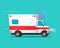 Ambulance emergency car moving fast vector illustration, flat cartoon comic medical vehicle auto with flasher light or