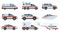 Ambulance emergency vehicles. Official city ambulance cars, helicopter and boat. City emergency service cars vector