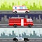 An ambulance, a fire truck, a police car on a city landscape background. Service auto vehicle, public and emergency transport, urb