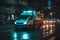 ambulance goes on the night rainy city. Neural network AI generated