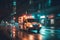 ambulance goes on the night rainy city. Neural network AI generated