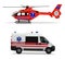 Ambulance helicopter and ambulance car. air and ground transportation to transport injured and sick people to the