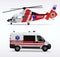 Ambulance helicopter and ambulance car. air and ground transportation to transport injured and sick people to the