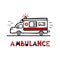 The ambulance is in a hurry to help. Cute childrens illustration in Scandinavian style. Lettering. Hand drawn style, red