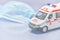 Ambulance model with medical mask on white background