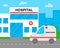 Ambulance near hospital. City landscape. Vector illustration