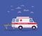 Ambulance paramedic car side view stretcher and clouds vector design