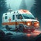 Ambulance parked in misty forest, created using generative ai technology
