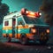Ambulance parked in street with trees, created using generative ai technology