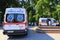 Ambulance on street in Kyiv. Ambulance helps sick, wounded, people with injuries in disasters, car accidents Kiev, Ukraine