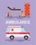 Ambulance stretcher extinguisher cones axe and oxygen cylinders vector design