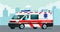 Ambulance van with a driver and doctor in a medical mask against the background of an abstract cityscape. Vector flat style