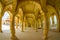 Amer, India - September 19, 2017: Collumned yellow hall in Sattais Katcheri in Amber Fort near Jaipur, Rajasthan, India