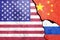 America China RussiaUnited States of America, China and Russia flags painted on the wall