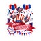 America`s Independence Day. A ribbon with an inscription. Hearts, crackers, a hat, balloons. illustrations