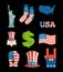 America symbol set. USA National Landmark. State traditional icons. Map and flag United States. Statue of Liberty and Uncle Sam.