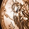 American 1 dollar coin close-up. Dark brown dramatic square illustration about US money, finance, debt market. Economic aid