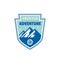 American adventure outdoors  - concept badge. Mountain climbing logo in flat style. Extreme exploration sticker symbol. Camping